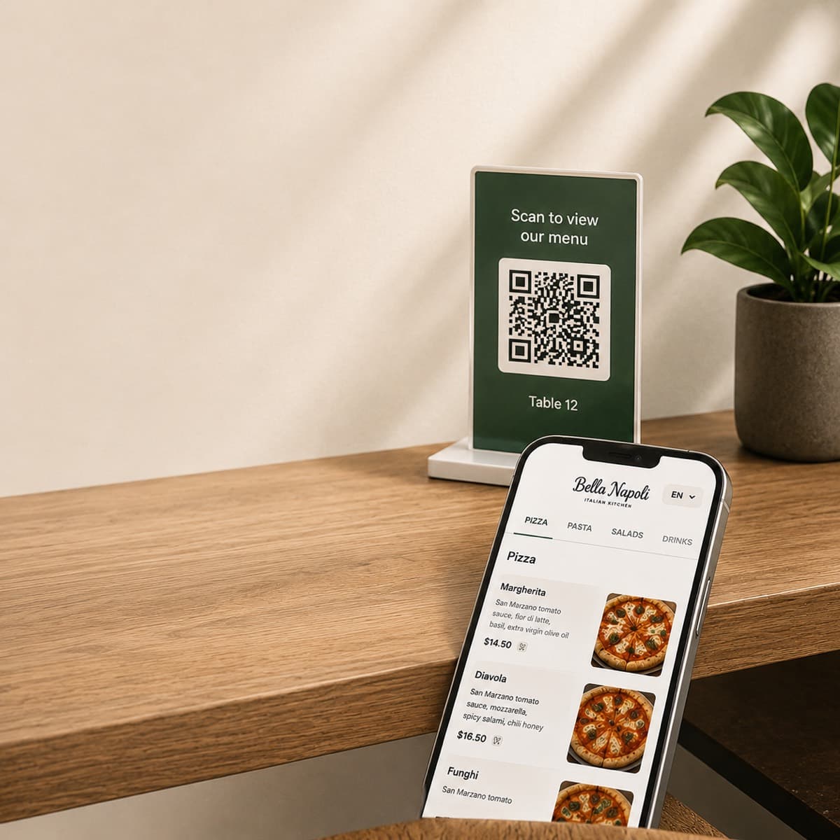 MenuCat QR menu preview on a restaurant table